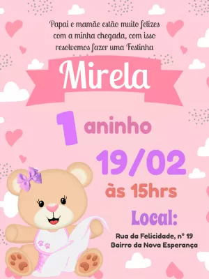 Convite Aniversário Ursinha Bebê Rosa para Editar Online