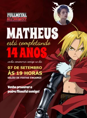 Convite Aniversário Fullmetal Alchemist com Foto para Editar Online