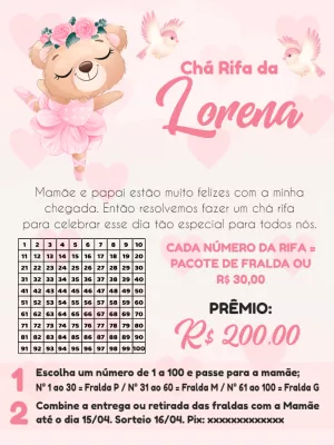 Chá Rifa Ursinha Bailarina Editável para Chá de Bebê
