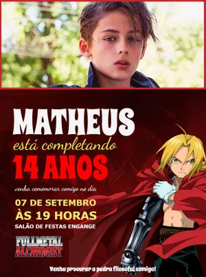 Convite de Aniversário Fullmetal Alchemist com Foto para Editar