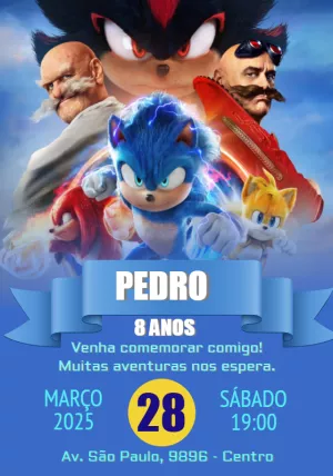 Convite de Aniversário do Sonic 3 O Filme para Editar Online
