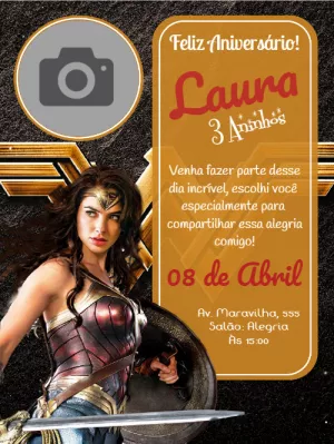 Convite Aniversário Mulher Maravilha com Foto para Editar