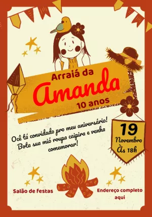 Convite Festa Junina de Aniversário com Menina para Editar Online