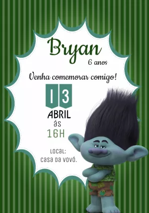 Convite de Aniversário Trolls Branch para Editar Online