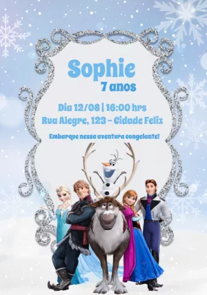 Convite Aniversário Frozen com Personagens para Editar Online