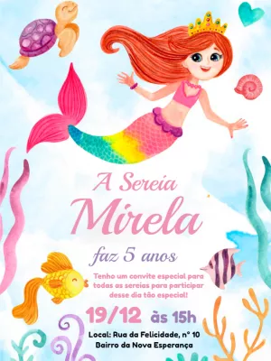 Convite de Aniversário Sereia Aquarela para Editar Online