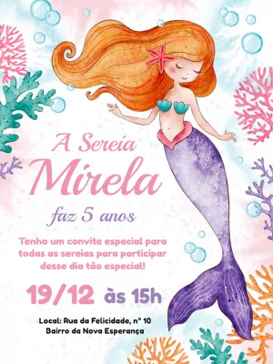 Convite de Aniversário Sereia para Editar Online e Imprimir