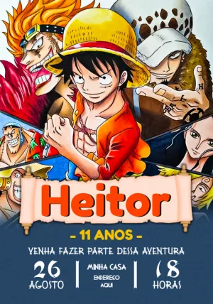 Convite de Aniversário One Piece com Personagens para Editar