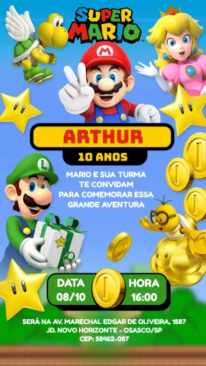 Convite de Aniversário Super Mario com Personagens para Editar