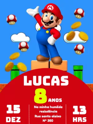 Convite Aniversário Super Mario com Personagens para Editar Online