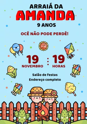 Convite Aniversário Festa Junina Ilustrado para Editar Online