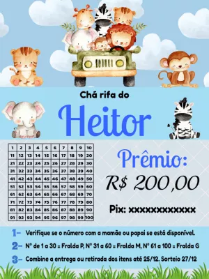 Rifa Chá de Bebê Safari com Animais para Editar Online