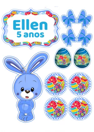 Topo de Bolo Páscoa Coelhinho Azul para Editar Online