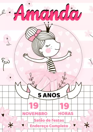 Convite Aniversário Bailarina Rosa para Editar Online