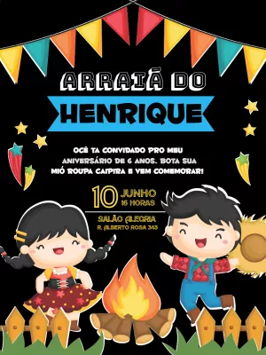 Convite de Aniversário Festa Junina com Personagens para Editar