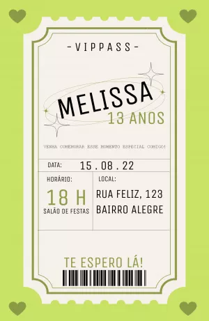 Convite de Aniversário Estilo Ticket VIP para Editar Online