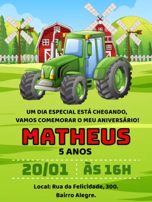 Convite de Aniversário Trator e Fazenda para Editar Online