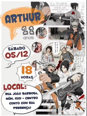 Convite de Aniversário Naruto Quadrinhos para Editar Online