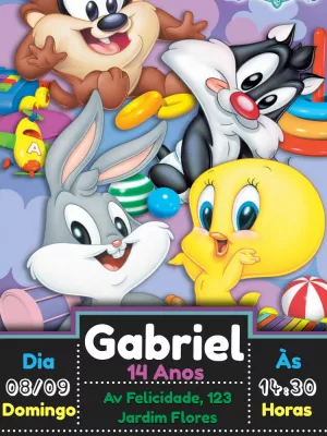 Convite Aniversário Baby Looney Tunes com Personagens para Editar
