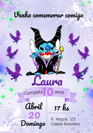 Convite Aniversário Stitch Malévola Halloween para Editar