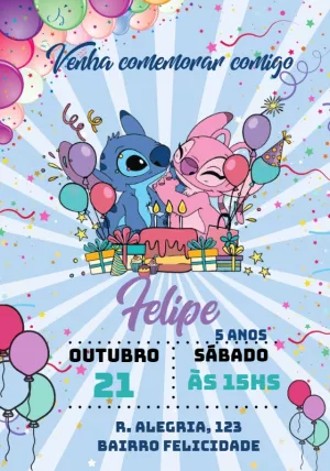 Convite Aniversário Stitch e Angel para Editar Online