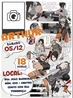 Convite Aniversário Naruto com Foto Estilo Quadrinhos para Editar
