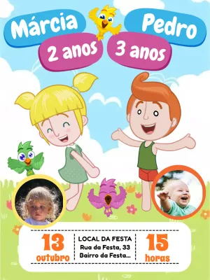 Convite Aniversário Duplo Mundo Bita com Foto para Editar