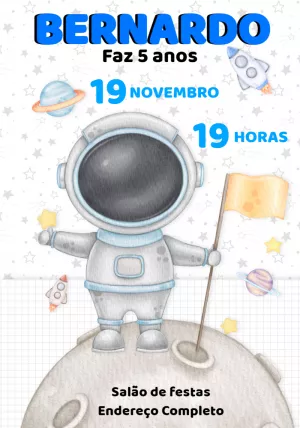 Convite de Aniversário Astronauta no Espaço para Editar Online