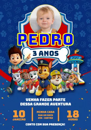 Convite Aniversário Patrulha Canina com Foto para Editar Online