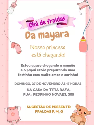 Convite Chá de Fraldas Ursinha Rosa para Editar Online
