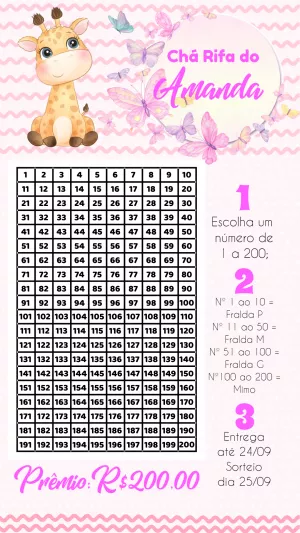Chá Rifa Girafinha Rosa com Borboletas para Editar Online