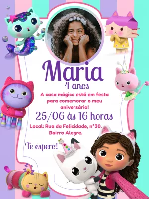 Convite Aniversário Casa Mágica da Gabby com Foto para Editar