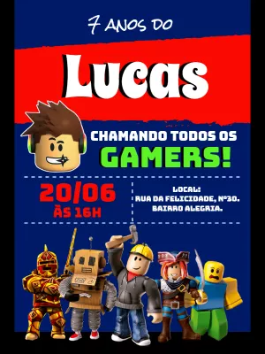 Convite de Aniversário Roblox com Personagens para Editar Online