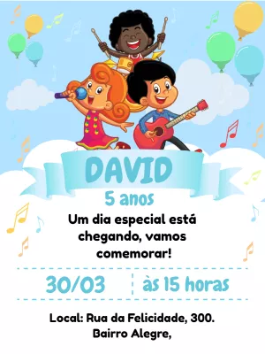 Convite Aniversário Três Palavrinhas Musical para Editar Online