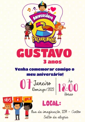 Convite de Aniversário 3 Palavrinhas para Editar Online