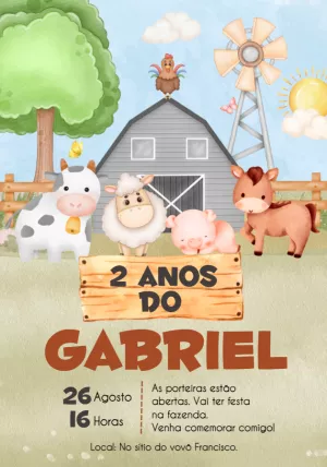 Convite Aniversário Fazendinha com Animais para Editar Online