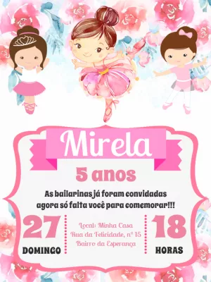 Convite de Aniversário Bailarina com Flores para Editar