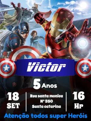 Convite de Aniversário Vingadores com Heróis para Editar Online