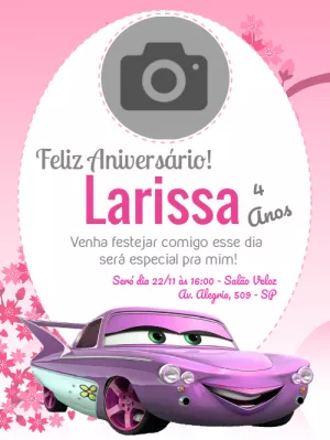Convite Aniversário Carros Menina com Foto para Editar Online