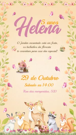 Convite Aniversário Jardim Encantado com Animais para Editar Online