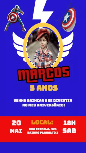 Convite Aniversário Capitão América com Foto para Editar Online