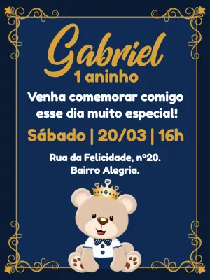 Convite Aniversário Ursinho Príncipe Realeza para Editar Online