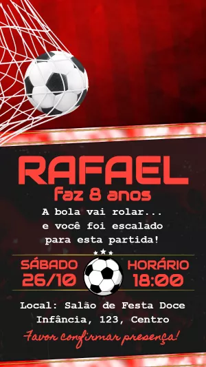 Convite de Aniversário Futebol com Bola na Rede para Editar Online