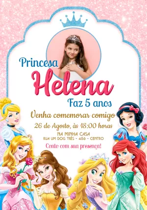 Convite Aniversário Princesas Disney com Foto para Editar Online