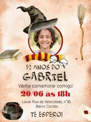 Convite de Aniversário Harry Potter com Foto para Editar Online