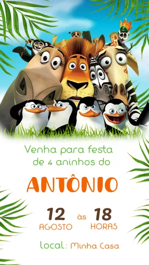 Convite Aniversário Madagascar com Personagens para Editar