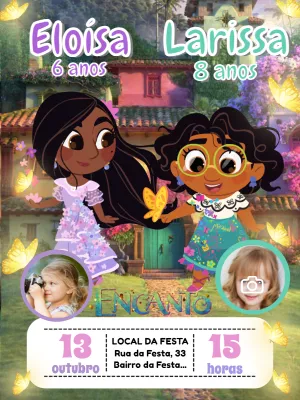 Convite Aniversário Duplo Encanto com Foto para Editar Online