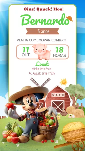 Convite Aniversário Mickey Fazendeiro para Editar Online