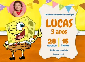Convite de Aniversário Bob Esponja com Foto para Editar
