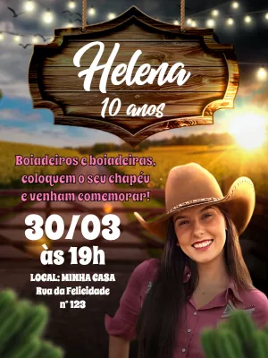 Convite Aniversário Boiadeira com Foto para Editar Online